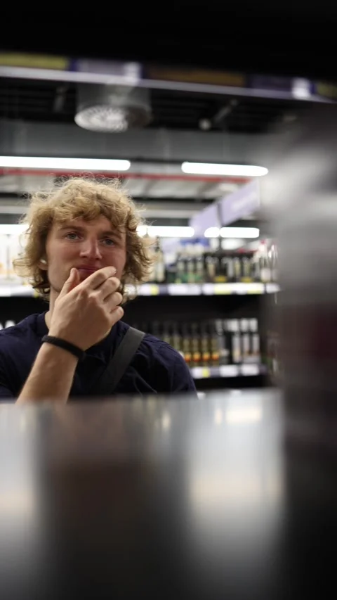 Confused shopper cannot decide what groceries he needs to buy for home Stock Footage 345361029