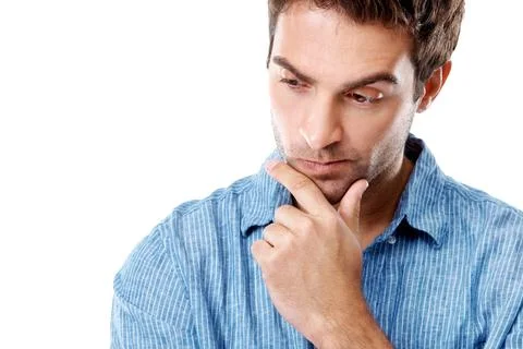 Confused, space and man in studio for thinking, thoughtful and idea for problem  Stock Photos