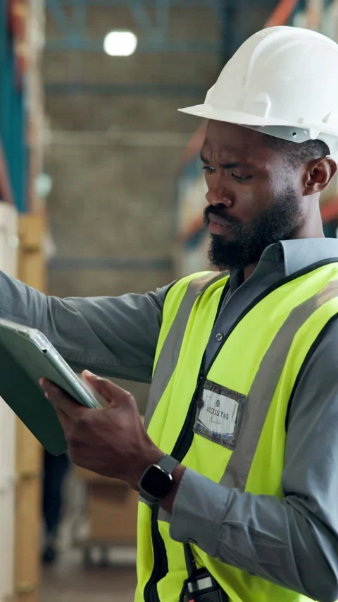 Confused, tablet and distribution worker with radio in warehouse for mistake on Stock Footage 340636665