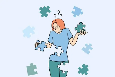 Confused woman connect puzzles rebuild personality Stock Illustration