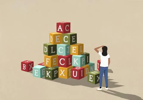 Confused woman looking at large stack of alphabet blocks Stock Illustration