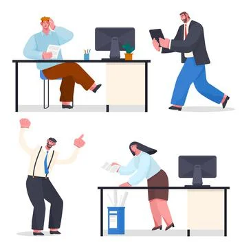 Confused worker with document, boss with digital tablet, angry boss shouting at 스톡 일러스트