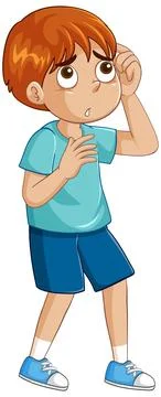 Confused Young Boy Scratching Head in Thoughtful Vector Illustration Stock Illustration
