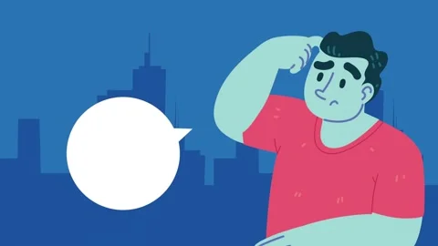 Confused young man standing in front of city skyline with thought bubble, c.. Stock Footage 339203888