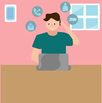 Confused Young man Using Laptop With Calling Mobile. Illustrazione stock