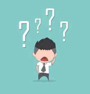 Confusing cute business man with question marks above his head, drawing by ha Stock Illustration
