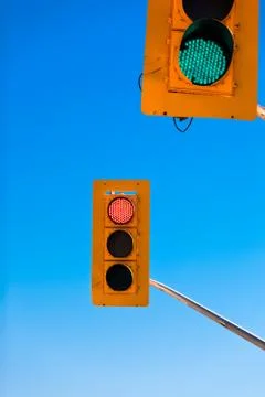 Confusing green red traffic lights sky copyspace Stock Photos