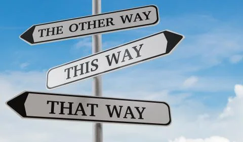 Confusing road sign arrows pointing in different directions. Decision and cho 스톡 사진