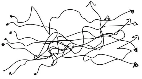 Confusing route arrows in one line on a white background. Intertwined doodl.. Illustrazione stock