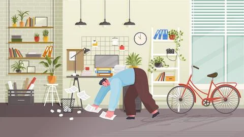 Confusion and mess. Stressed man office worker dropped papers. Tired confused Stock Illustration