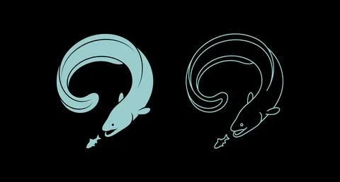Conger eel hunting small fish illustration and outline on black background Ilustración de archivo