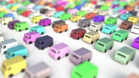 Congested road traffic of multicolor commercial vans delivering goods, 3D Stock Illustration