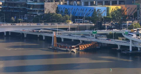 Congested traffic outward bound on riverside highway and bridges,Brisbane,QLD Stock Footage 140609045