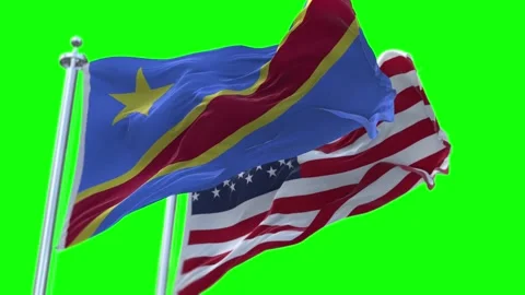 Congo and United States Flags Waving on Flagpoles. Seamless Stock Footage 297426641