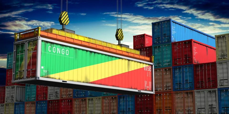 Congo - cargo container lifted by crane in terminal - international trade a.. Stock Illustration