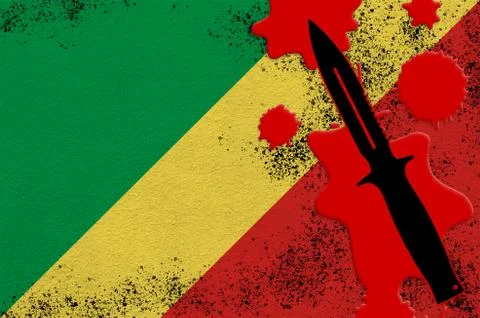 Congo flag and black tactical knife in red blood. Concept for terror attack o Stock Illustration