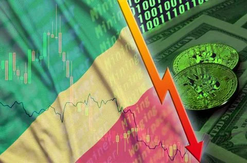 Congo flag and cryptocurrency falling trend with two bitcoins on dollar bills Foto stock