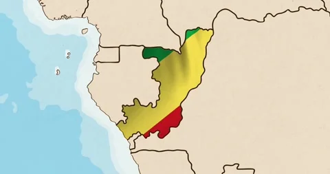 The congo flag waving inside the country on a world map Stock Footage 339033186