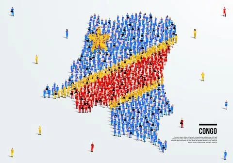 Congo Map and Flag. A large group of people in the Republic of the Congo flag. Stock Illustration