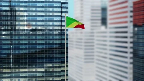 Congo Republic of the Flag 3D Render Animation on Pole with Modern City Buil Stock-Footage 333072282