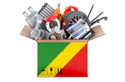 Congolese flag painted on the parcel with car parts. 3D rendering Stock Illustration