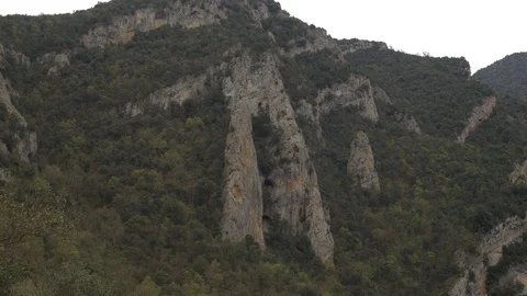 Congost Mont-rebei epic vertical rock stone europe mountain peak trees Stock Footage 112935168
