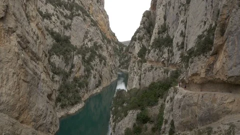 Congost Mont-rebei gorge river water stone rock mountains park cloudy Stock Footage 112943597