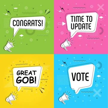 Congrats in bubble vector on bright yellow background. Time to update comic s Illustrazione stock