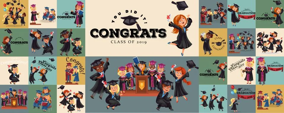 Congrats flat set. College composition consist of graduation class of 2019 Stock Illustration