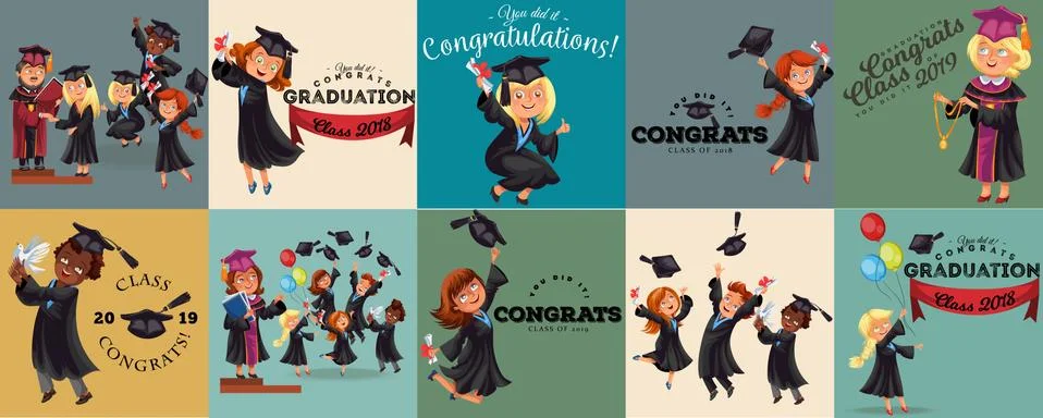 Congrats flat set. College composition consist of graduation class of 2019 Stock Illustration