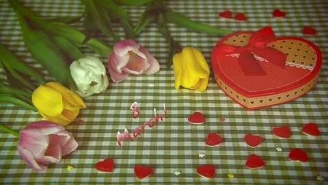 Congratulation on 8 March, using colorful tulips Stock Footage 86127685