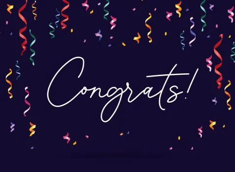 Congratulation banner with confetti on dark background Stock Illustration