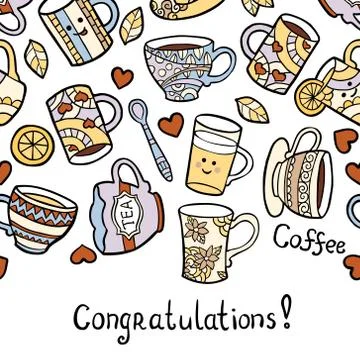 Congratulation card with doodle tea accessories on white background Stockillustratie