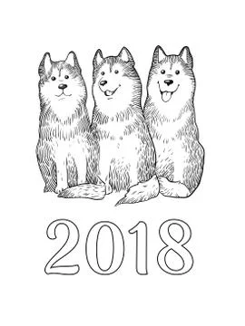 Congratulation card with Three Funny Husky dogs, number 2018. Symbol of New Year Stock Illustration