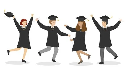 Congratulation for graduation day. 4 students wearing graduation gowns Stock Illustration