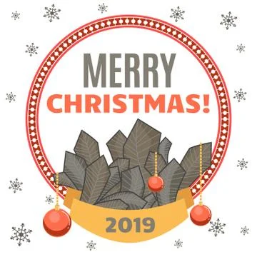 Congratulation on the holiday in a round decorative frame with New Year tree Stock Illustration