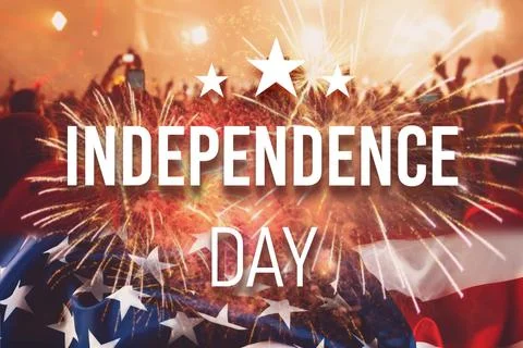 Congratulation Independence day on double exposure background with waving f.. Stock Photos
