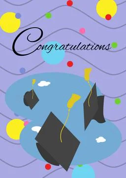 Congratulation text and multiple graduation hat icons against abstract shapes on Illustrazione stock