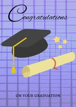 Congratulation text over graduation hat and degree against checkered pattern on Stock Illustration