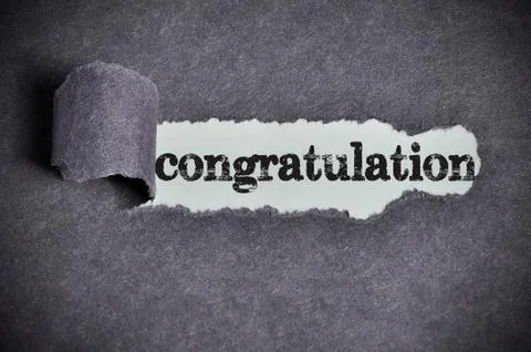 Congratulation  word under torn black sugar paper Foto stock