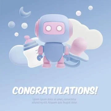 Congratulations Baby shower 3d vector poster, cute render cartoon blue boy Stock-Illustration
