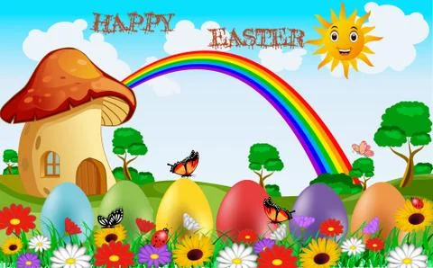 Congratulations on bright Easter with the image of the landscape Stock Illustration
