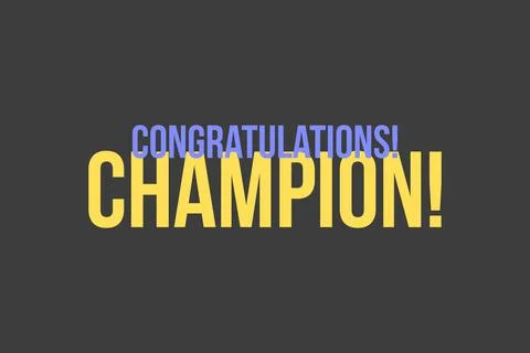 Congratulations Champion - typography text on isolated dark background. Illustrazione stock
