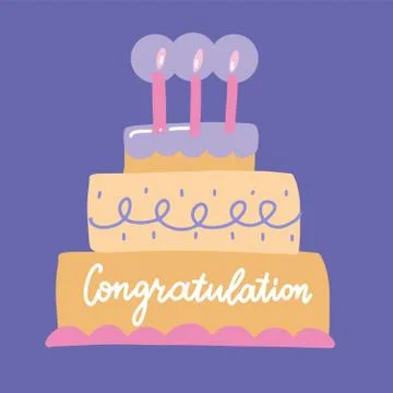 Congratulations lettering on a big bday cake with burning candles - Hand draw Stock Illustration