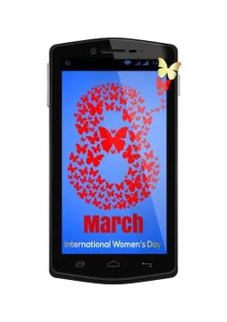 Congratulations on March 8 on the screen of smartphone. Number 8 consists o.. Stock Illustration
