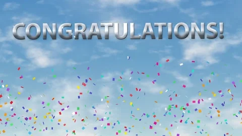 Congratulations Text with Falling Colorful Confetti Over Cloudy Blue Sky Stock Footage 341642528