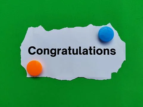 Congratulations text on torn paper with bright green background Stock Photos