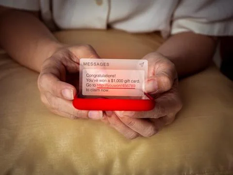 Congratulations, you won, malware scam sms, fake message phishing from scam.. Stock Photos