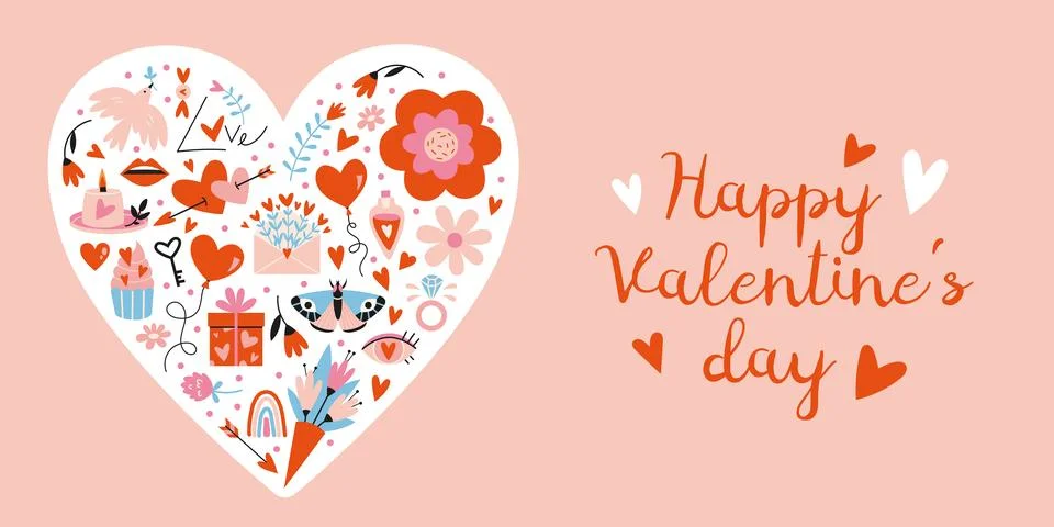 Congratulatory banner with various romantic objects in the shape of a heart.. Stock Illustration