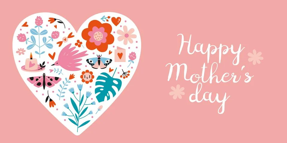 Congratulatory banner with various spring objects in the shape of a heart, .. Illustrazione stock